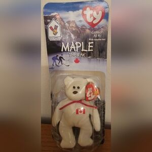 Ty Maple the Bear with White Fur and Red Bow Canada
